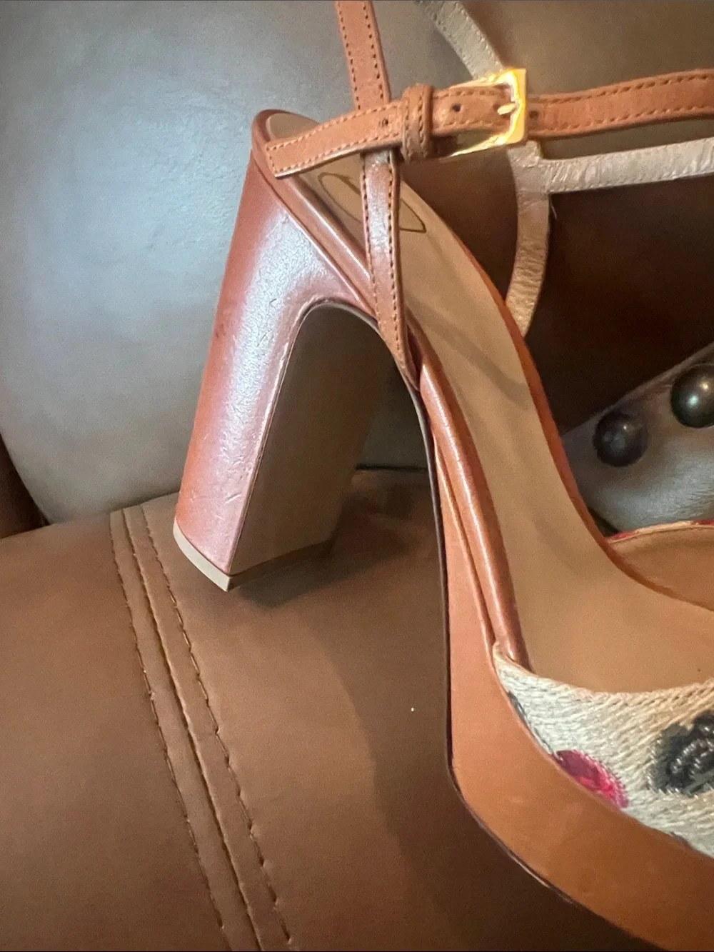 Valentino Garavani Brown Leather Slingback Sandals with Red Cherry Embroidery